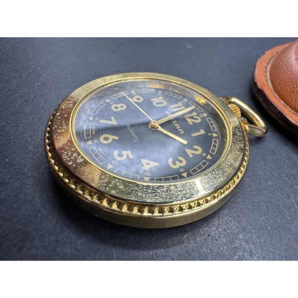 Vtg Milan Men’s Quartz Pocket Watch Black Dial w/ Leather Case 41.6mm MLN1070 - Picture 5 of 11